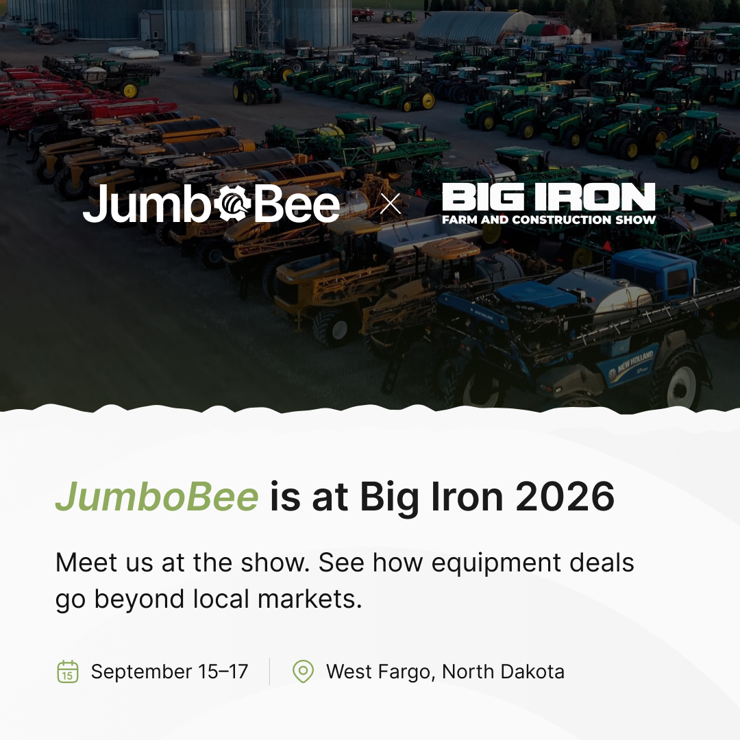 Jumbobee_com's tweet photo. Big Iron 2026 is on and JumboBee is here!

📍 Red River Valley Fairgrounds, West Fargo, ND
📅 September 15–17, 2026

See you at Big Iron.

#JumboBee #BigIronFarmShow #FarmEquipment #AgricultureEquipment #HeavyEquipment #WestFargo https://t.co/wL1UP3uiKI