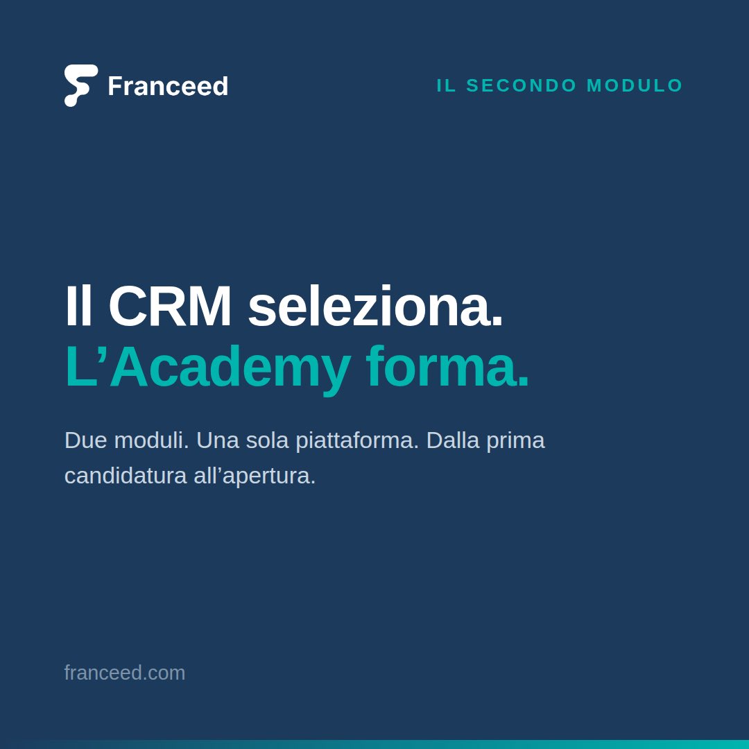 FranceedCRM's tweet photo. Il recruiting di un affiliato non finisce con la firma.
Finisce quando quell'affiliato apre e lavora come deve.
In mezzo, quasi ovunque: un PDF via email e due giornate in sede.
Da oggi Franceed ha un secondo modulo.
Il CRM seleziona. L'Academy forma.
→ https://t.co/18uDAKhSwu https://t.co/janXdSau7z