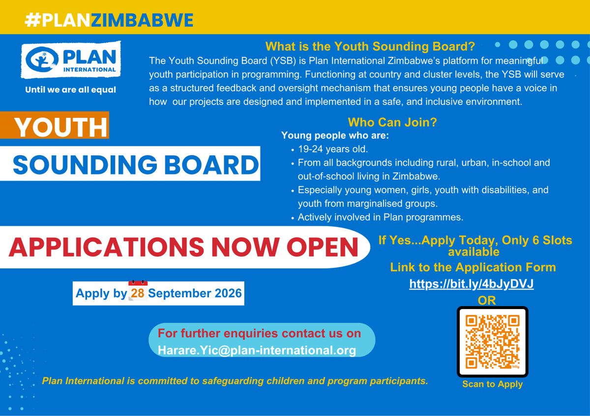 PlanZimbabwe's tweet photo. 📣 Your voice matters! Are you aged 19–24 and passionate about making a difference? Applications are open for the Youth Sounding Board a platform to help shape programmes and amplify youth voices. 💙

Only 6 slots available! Apply by 28 Sept 2026.
#YouthVoices #YouthParticipation https://t.co/Y3MhaZKd5Q