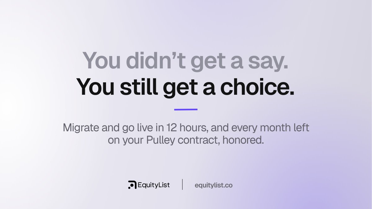 kashisharma_'s tweet photo. Pulley built a product a lot of us in this category respected.

They made cap table management something founders and operators could actually run themselves. That was foresight and the direction this market was already moving.

It’s a direction we believe in deeply at @EquityListHQ  too. We’re building an AI-native cap table and compliance OS that gives founders and operators more power over their equity.

For Pulley customers, yesterday brought an unexpected distraction. Moving years of ownership history, grants and documents isn't something anyone planned to deal with.

You didn't get a say, but you still get a choice. And we want to make that choice a little easier.

If you're on Pulley, here's what EquityList is offering:
- Remaining contract term matched. Multi-year? Let's chat.
- First auditor-supported 409A free. (Series A+, 60% off).
- White-glove migration under 12 hours.
- No re-execution of SAFEs, certificates, or grants. Documents mapped to records.
- Renewal pricing is public. Compare it yourself on https://t.co/y8V4iKG7Kc.

Pulley shuts down on December 8. Whatever you decide, export your history now and give yourself enough time to evaluate where you move next.