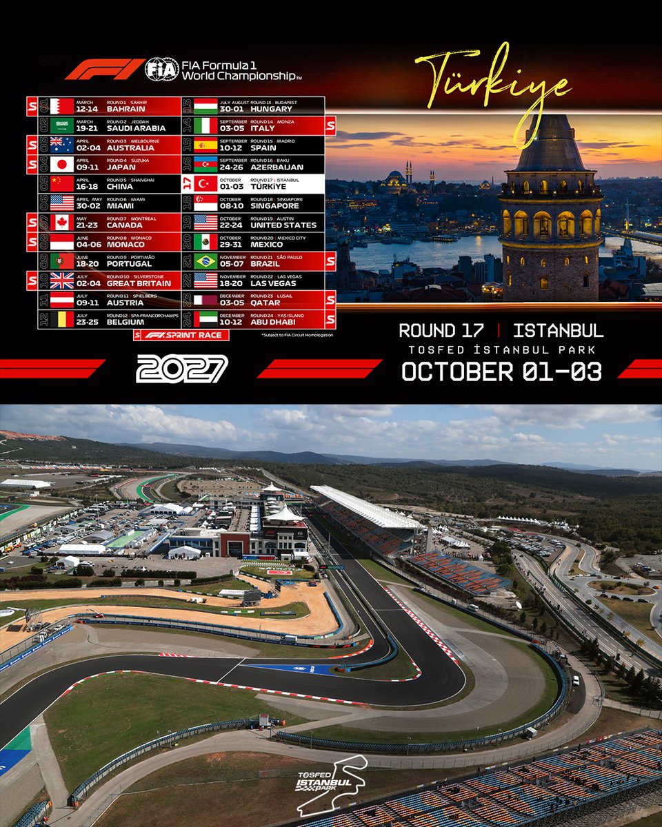 TOSFED's tweet photo. FORMULA 1® 3 EKİM 2027’DE İSTANBUL’A DÖNÜYOR! 🇹🇷

Formula 1® yönetimi, 2027 FIA Formula 1 Dünya Şampiyonası™ takvimini açıkladı. TOSFED İstanbul Park, 01-03 Ekim 2027 tarihlerinde FORMULA 1 TURKISH GRAND PRIX’e ev sahipliği yapacak.
FORMULA 1 TURKISH GRAND PRIX, 01-02 Ekim tarihlerinde antrenman ve sıralama turlarıyla başlayacak. 03 Ekim 2027 Pazar günü ise uzun bir aranın ardından, beş kırmızı ışık yeniden TOSFED İstanbul Park’ta yanacak.

TURKISH GRAND PRIX 2027 bilet satışı ve resmi duyurular için https://t.co/Y7gGCkyDIV sayfasına ön kayıt yaptırılabilirsiniz.