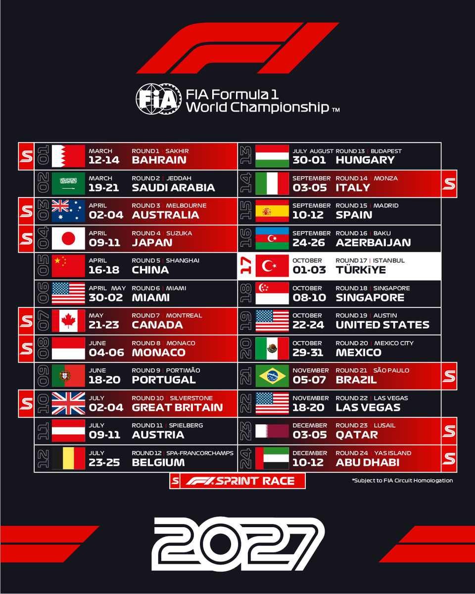 TOSFED's tweet photo. FORMULA 1® 3 EKİM 2027’DE İSTANBUL’A DÖNÜYOR! 🇹🇷

Formula 1® yönetimi, 2027 FIA Formula 1 Dünya Şampiyonası™ takvimini açıkladı. TOSFED İstanbul Park, 01-03 Ekim 2027 tarihlerinde FORMULA 1 TURKISH GRAND PRIX’e ev sahipliği yapacak.
FORMULA 1 TURKISH GRAND PRIX, 01-02 Ekim tarihlerinde antrenman ve sıralama turlarıyla başlayacak. 03 Ekim 2027 Pazar günü ise uzun bir aranın ardından, beş kırmızı ışık yeniden TOSFED İstanbul Park’ta yanacak.

TURKISH GRAND PRIX 2027 bilet satışı ve resmi duyurular için https://t.co/Y7gGCkyDIV sayfasına ön kayıt yaptırılabilirsiniz.