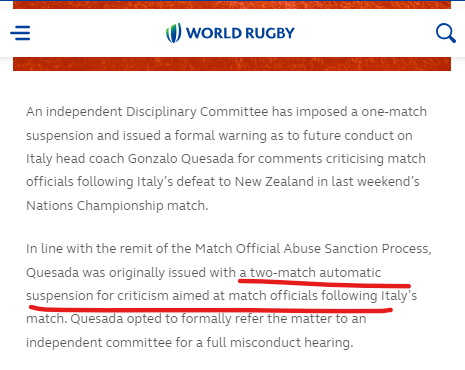 JacquesMaree73's tweet photo. Last month @WorldRugby handed Italy's coach a suspension for criticising match officials after a loss to the All Blacks.

An "automatic suspension" according to World Rugby's own statement.

Now All Blacks' Neil Barnes has done it 2 weeks in a row and not a beep from World Rugby. https://t.co/vPhZzqyNKd