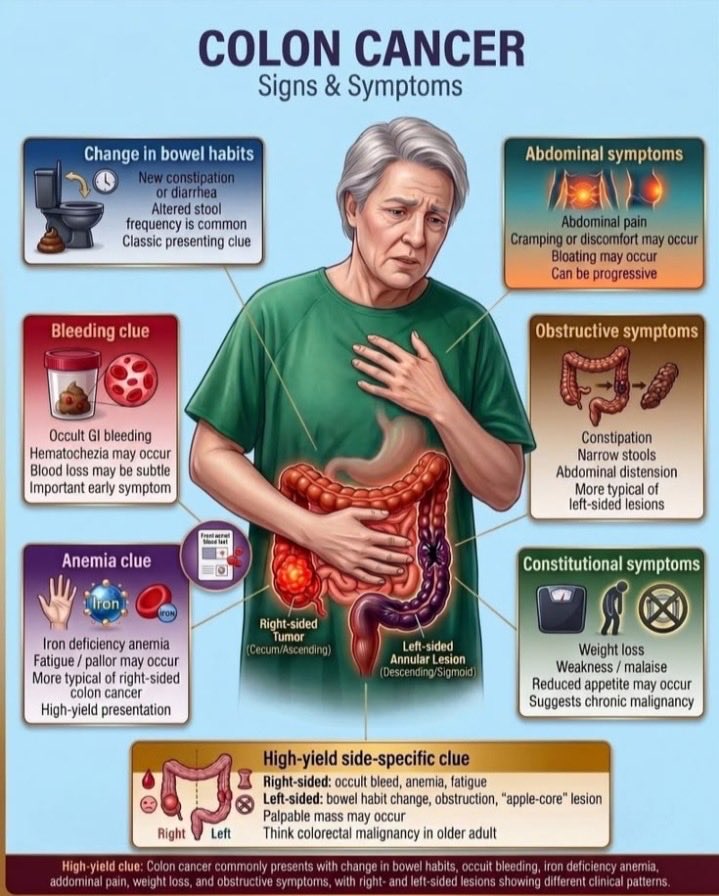 Dr_NancyDavid's tweet photo. ✍️Catching Colon Cancer Early: What to Watch For

Colon cancer, also called colorectal cancer, develops in the colon or rectum and often starts as small growths called polyps. While it can happen at any age, risk goes up a lot after age 50. But younger adults can be affected, too. 

Common signs and symptoms can include blood in the stool, a persistent change in bowel habits like diarrhea or constipation, abdominal cramps or discomfort, unexplained weight loss, fatigue, or feeling like your bowel doesn’t empty completely. 

Early on, there might be no symptoms at all. If changes last more than a couple of weeks, it’s important to talk with a healthcare professional.