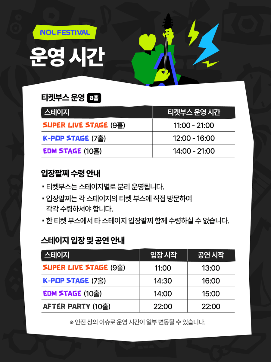 NOLfestival's tweet photo. [ NOL FESTIVAL 안내 ⋆ 입장 FAQ ⋆ ]

✴︎ 본 행사는 각 스테이지 전용 티켓 및 입장팔찌로 운영되어, 소지하신 티켓에 해당하는 스테이지만 관람 가능합니다.

✴︎ 동반인과 서로 다른 스테이지의 티켓을 각각 소지하신 경우, ①각 스테이지 티켓부스에 ‘함께’ 방문하여 ②입장팔찌를 각각 수령 및 착용하시면, 여러 스테이지를 관람하실 수 있습니다.

✴︎ 동반인이 있으신 경우, 9월 21일 이후 NOL 앱 내 ‘티켓 선물하기’ 기능을 통해 티켓 1매를 동반인에게 미리 전달해주세요. 이와 무관하게 예매자와 동반인은 티켓부스에 ‘함께’ 방문하여 입장해주셔야 합니다.

✴︎ AFTER PARTY는 DAY 1 티켓(입장팔찌) 소지자에 한해서만 입장이 가능합니다. 단, 성인 인증 도장 확인 후 입장할 수 있습니다.

✴︎ 스테이지별 타임테이블, 입장 동선, 사이트맵은 추후 안내드릴 예정이니 조금만 기다려주세요.

안전 상의 이슈로 운영 시간이 일부 변동될 수 있는 점 양해 부탁드리며, 자세한 내용은 이미지를 참고해주세요.