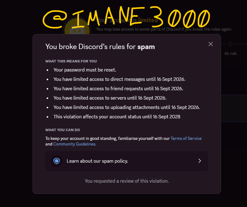 imaneondiscord's tweet photo. @discord_support It's a sad day for me. My discord account was wrongfully limited/disabled for 'Spam' which is not what I condone no'r doing in the first place. I have been handling with a group of malicious people.

#Discord #DiscordDown @discord https://t.co/LexfwXkEIP