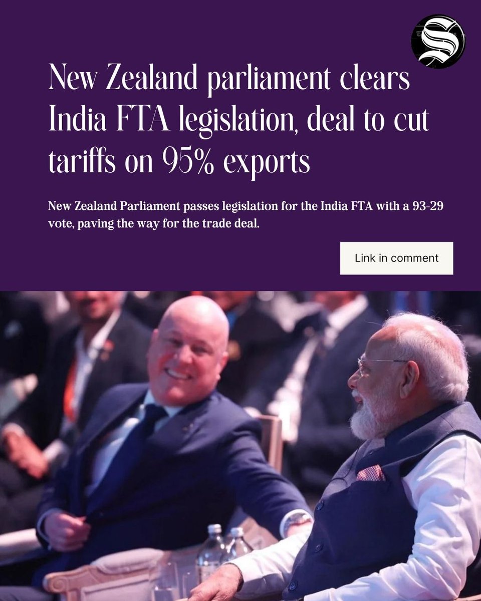TheStatesmanLtd's tweet photo. New Zealand’s Parliament on Wednesday passed the legislation required for the country’s free trade agreement (FTA) with India, with lawmakers voting 93-29 in favour, Trade and Investment Minister Todd McClay said

@MEAIndia @narendramodi 

#IndiaNZ #FTA #TheStatesman 

[India-New Zealand FTA] [Tariff Cuts] [New Zealand Parliament]