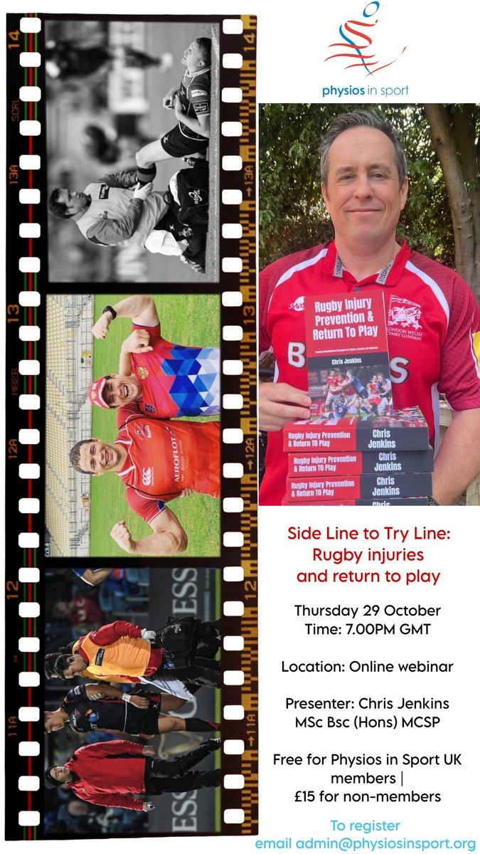 physiosinsport's tweet photo. Physios in Sport is pleased to announce our October Online Webinar!

Side Line to Try Line: Rugby injuries and return to play

Thurs 29 Oct @1900

Presenter: Chris Jenkins MSc Bsc (Hons) MCSP

Members Free
£15 non-members
To register, email admin@physiosinsport.org https://t.co/GKSCOG3N4t