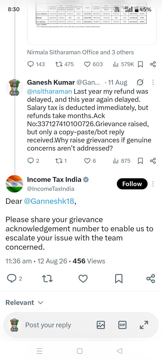 Ganneshk18's tweet photo. @nsitharamanoffc @IncomeTaxIndia @nsitharaman @PMOIndia @narendramodi Still escalating the issue??
Middle-class salaried employees drained by tax.
Why deduct first… why not immediate refunds??#incometax #refund #modigovt #tax https://t.co/SuwXPzgbT8