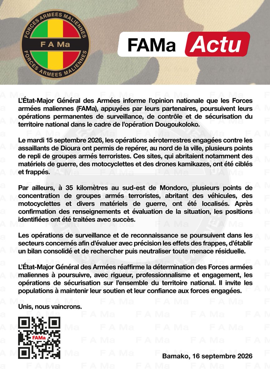 DirpaFa's tweet photo. #FAMaActu
L'État-Major Général des Armées informe l'opinion nationale que les Forces armées maliennes (FAMa). https://t.co/fbIuhgr1Ra