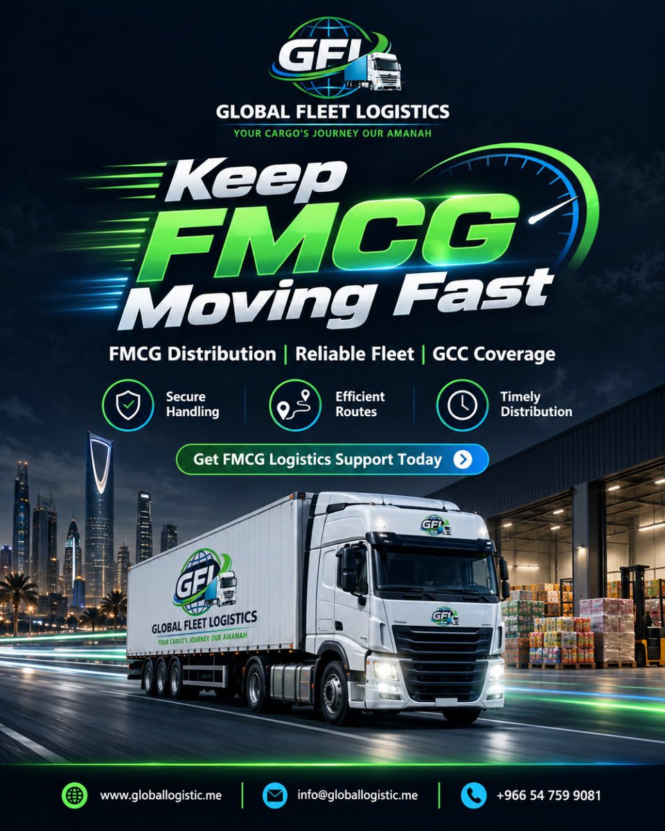 LogisticFleet's tweet photo. Keep FMCG moving with secure handling, efficient routes, reliable fleet coverage, and timely distribution across the GCC with Global Fleet Logistic.
https://t.co/1Ui0B9ctjd

#GlobalFleetLogistic #FMCGLogistics #FMCGDistribution #GCCLogistics #FleetManagement #SupplyChain https://t.co/3NjukWmPHU