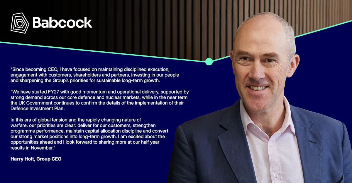 Babcockplc's tweet photo. We published a Trading Update this morning, ahead of our AGM, with Harry Holt as our CEO.

For full details, read our announcement here https://t.co/oW8ocv7mG9. https://t.co/BVghSJp599