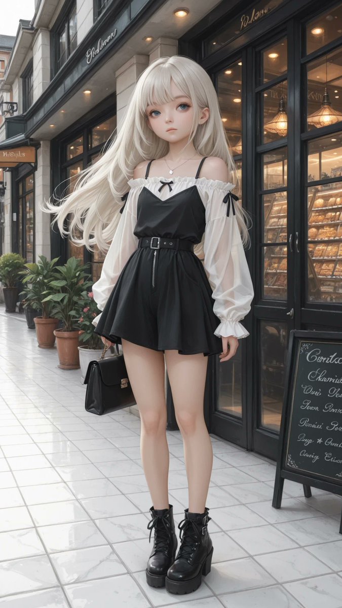AliceLavli's tweet photo. モノトーンガーリーパンクの衣装プロンプトをどうぞ✨
outfit only, strict garment structure, strict color placement, black-and-white layered mini dress, pure-white off-shoulder chiffon blouse underneath, wide gathered ruffled neckline across the shoulders, long loose balloon sleeves, elasticated wrists with small white ruffled cuffs, small black ribbon bows at both upper arms, solid-black satin camisole bodice with thin straight shoulder straps and a soft V-neckline, fitted black waist belt with a small rectangular silver buckle, short high-waisted black flared skirt ending at the upper thighs, narrow black lace trim along the hem, black lace-up ankle boots with chunky platform soles and block heels, fair porcelain skin with cool pale undertone