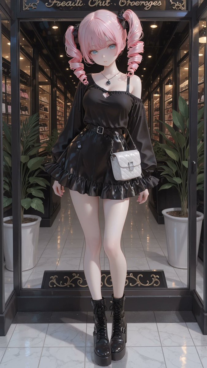 AliceLavli's tweet photo. モノトーンガーリーパンクの衣装プロンプトをどうぞ✨
outfit only, strict garment structure, strict color placement, black-and-white layered mini dress, pure-white off-shoulder chiffon blouse underneath, wide gathered ruffled neckline across the shoulders, long loose balloon sleeves, elasticated wrists with small white ruffled cuffs, small black ribbon bows at both upper arms, solid-black satin camisole bodice with thin straight shoulder straps and a soft V-neckline, fitted black waist belt with a small rectangular silver buckle, short high-waisted black flared skirt ending at the upper thighs, narrow black lace trim along the hem, black lace-up ankle boots with chunky platform soles and block heels, fair porcelain skin with cool pale undertone