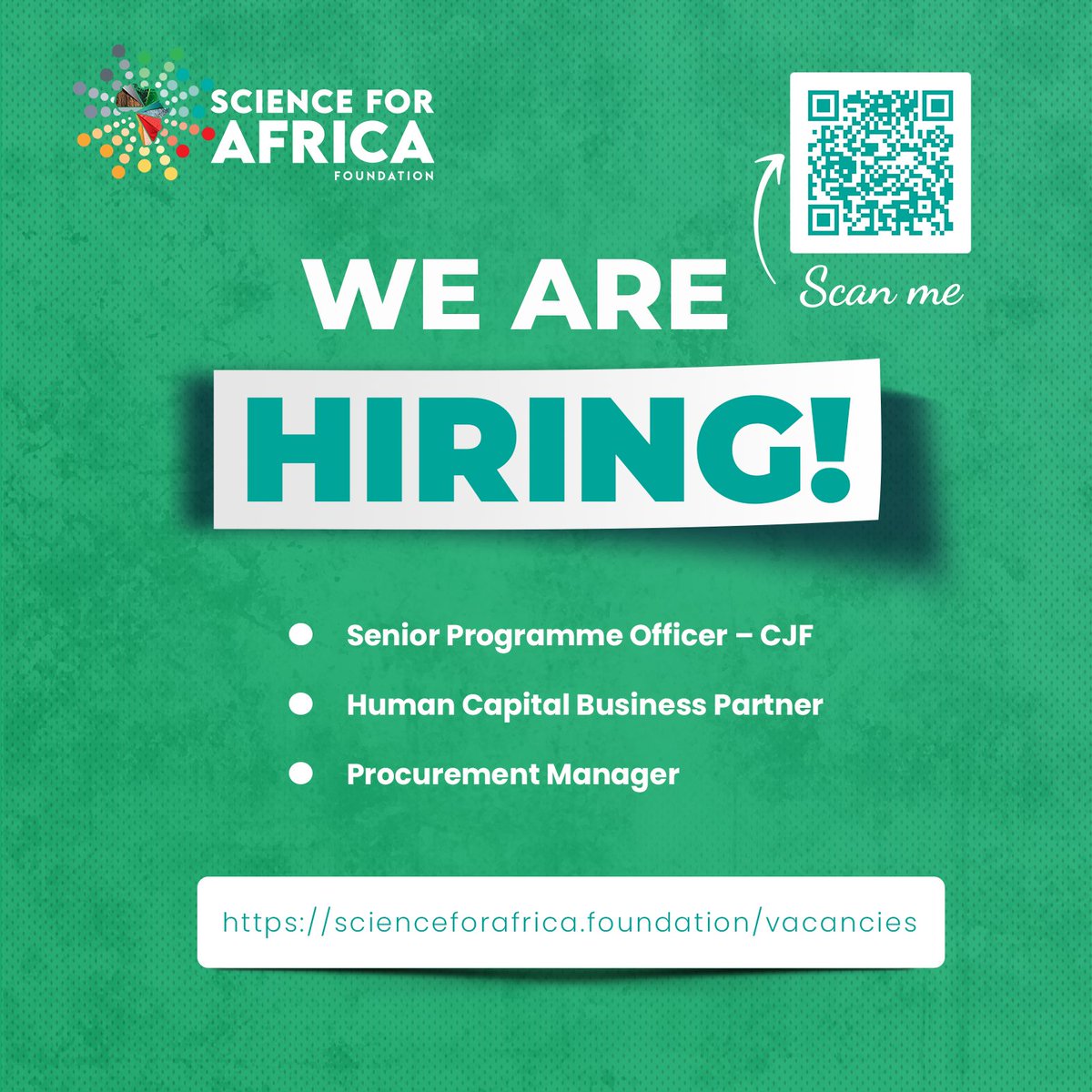 SciforAfrica's tweet photo. We are looking for talented individuals to join our growing team! 

We have three exciting opportunities open:

𝐒𝐞𝐧𝐢𝐨𝐫 𝐏𝐫𝐨𝐠𝐫𝐚𝐦𝐦𝐞 𝐎𝐟𝐟𝐢𝐜𝐞𝐫 – 𝐂𝐉𝐅
Lead science communication and visibility for the Calestous Juma Science Leadership Fellowship, turning Fellows' research and leadership journeys into compelling stories for diverse audiences. Deadline: 24 September 2026. Details 🔗 https://t.co/fbxYgLtm49

𝐇𝐮𝐦𝐚𝐧 𝐂𝐚𝐩𝐢𝐭𝐚𝐥 𝐁𝐮𝐬𝐢𝐧𝐞𝐬𝐬 𝐏𝐚𝐫𝐭𝐧𝐞𝐫
Partner with department leaders as a trusted HR advisor, driving organisational development, performance management, reward and compliance across the Foundation. Deadline: 29 September 2026. Details 🔗 https://t.co/g9bOFfMRNA

𝐏𝐫𝐨𝐜𝐮𝐫𝐞𝐦𝐞𝐧𝐭 𝐌𝐚𝐧𝐚𝐠𝐞𝐫
Lead procurement strategy, sourcing and supplier management to deliver value-for-money, compliant procurement across the Foundation's programmes. Deadline: 29 September 2026. Details 🔗 https://t.co/yqJudWPrk8