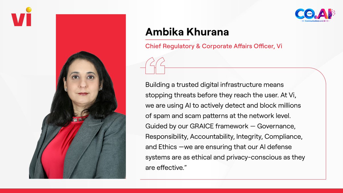 ViNewsOfficial's tweet photo. Ambika Khurana, Chief Regulatory & Corporate Affairs Officer, Vi, participated in a panel discussion on ‘AI for Security, Trust and Digital Resilience’ at https://t.co/mHhONOs53L 2026 recently. She spoke about the evolving role of AI in strengthening network security and resilience, and the need for collaboration and innovation to build a safer digital ecosystem.
#COAI2026 #AIForSecurity #DigitalResilience #CyberSecurity #DigitalTrust #ResponsibleAI #COAI #AI #CommunicationsandAI  

@DoT_India @TRAI @GoI_MeitY @UKinIndia @GOVUK @TCOEINDIA @CDEPResearch