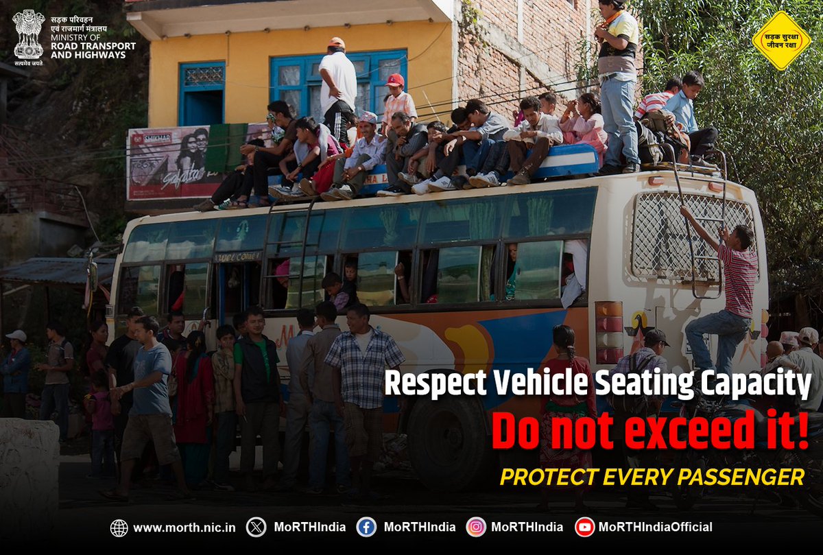 MORTHIndia's tweet photo. Respect vehicle seating capacity because the right load can save lives.
#Overloading #RoadSafety #ResponsibleDriving https://t.co/YdMfSuIXtS