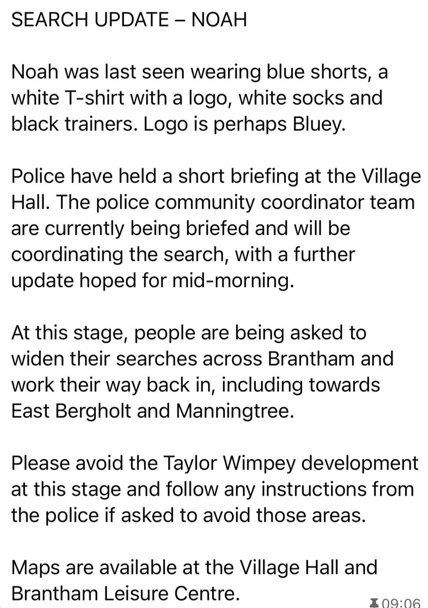 BranthamAth's tweet photo. SEARCH UPDATE - NOAH

Police have held a short briefing at the Village Hall. The police community coordinator team are currently being briefed and will be coordinating the search, with a further update hoped for mid-morning.

Praying for Noah 🙏 https://t.co/MNwMSIlxtT