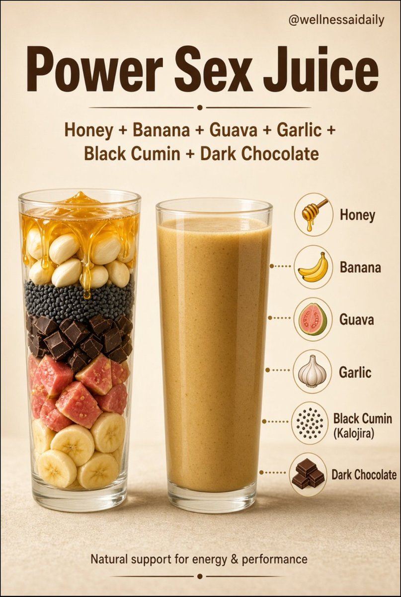 William_TechX's tweet photo. Want to boost your performance? Try drinking this juice every day.

1. Honey 
2. Banana 
3. Guava 
4. Garlic
5. Black Cumin
6. Dark chocolate https://t.co/SMTMDUEgjK