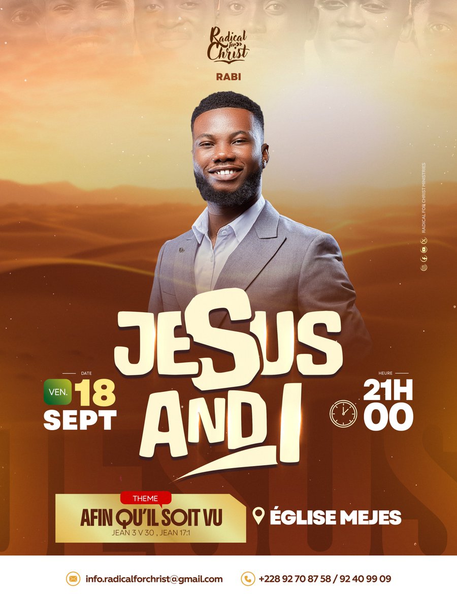 R4C_228's tweet photo. 🔥 JESUS &amp; I : « Afin qu’il soit vu » 🔥

Retrouvons-nous avec Rabi pour un temps fort : chercher Dieu, l'écouter et Lui donner toute la place. 📖 Jean 3:30, Jean 17:1 🙏🏽✨

Vendredi 18 sept. à 21h00
Église Mèjes (près du lycée de Tokoin)
Viens comme tu es, Jésus t'attend ! https://t.co/lMgPIisQVR