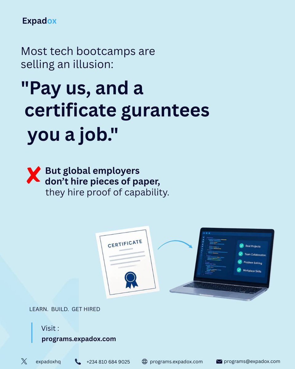 expadoxhq's tweet photo. A certificate shows you completed a program. Proof shows what you can do.

At Expadox Programs, we focus on practical skills, real projects and workplace readiness.

Learn. Build. Get hired.

Explore programmes: https://t.co/PFfHhPvy7S

#Expadox #TechTalent https://t.co/585LT3lKZF