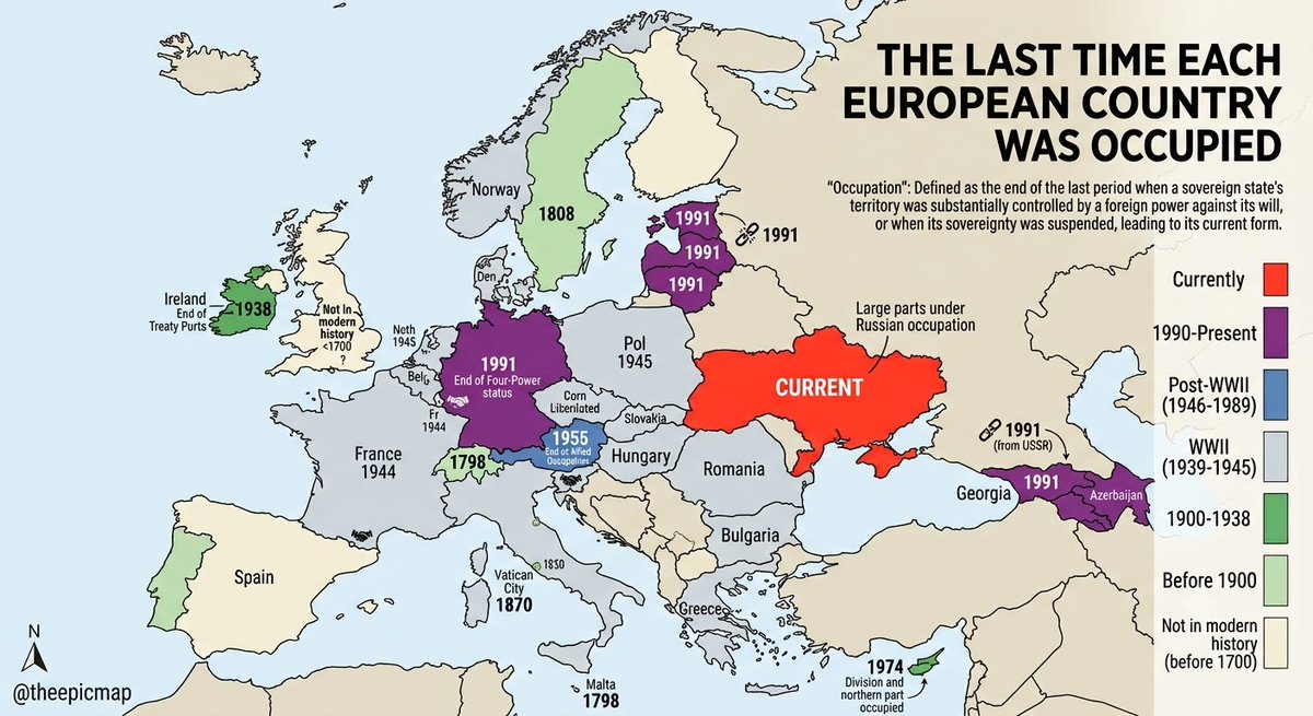 theepicmap's tweet photo. The last time each European country was occupied https://t.co/VlkAVNnzlE