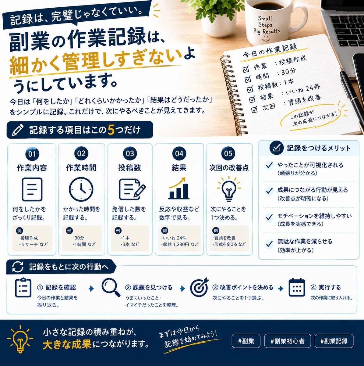 sideincome_sys's tweet photo. 副業の作業記録は、細かく管理しすぎないようにしています。

【今日の記録】
・作業：投稿作成
・時間：30分
・投稿数：1本
・結果：いいね○件
・次回：冒頭を改善
「何をしたか」まで残すと、次の改善が具体的になります。
#副業 #副業初心者 #副業記録 https://t.co/3urcgICyK2