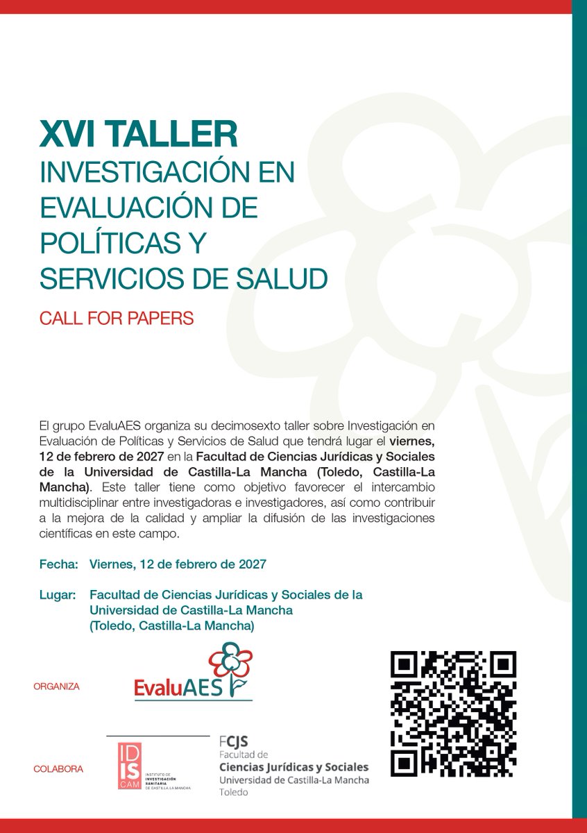 AESeconsalud's tweet photo. 🔬 ¿Tu investigación evaluativa está lista para el debate científico?
XVI Taller de Investigación en Evaluación de Políticas y Servicios de Salud (EvaluAES). 📅 12 feb 2027, Toledo.
⏳ Resúmenes hasta el 5 de octubre 👇
https://t.co/7F9Te3dxWy
#EvaluAES #CallForAbstract https://t.co/gA3VV0oxHY