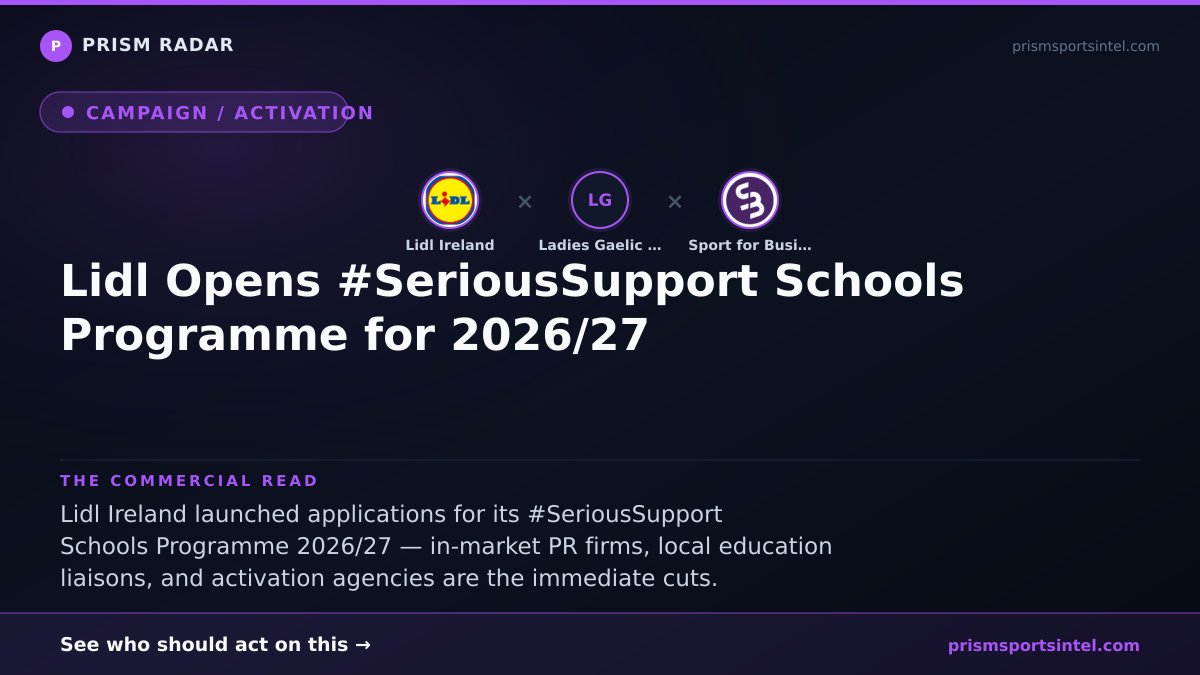 PrismSportsInt's tweet photo. Lidl Ireland × LGFA: opened applications for the 2026/27 #SeriousSupport Schools Programme to fund 26 county schools — one school per Republic of Ireland county slot created.
🏆 Compare partnerships →
Read the Radar article →
https://t.co/r0GZBDQnIg https://t.co/PTRWJNoKTH