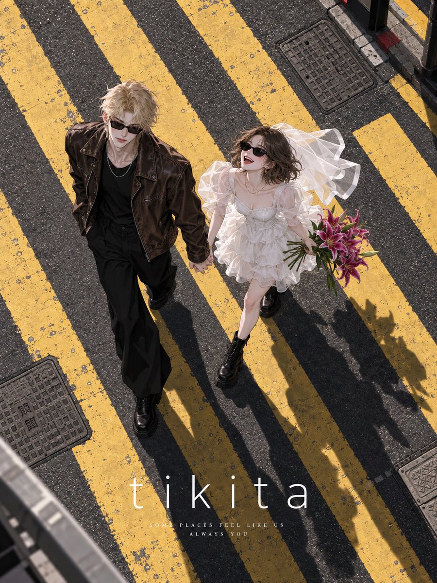 tikita_ai's tweet photo. 내 캐릭터로 홍콩 웨딩 스냅 찍기👰‍♂️🤵💜

홍콩 웨딩 스냅, 내 캐릭터로 뽑는 프롬프트예요.

① 나노바나나(제미나이)나 ChatGPT를 엽니다.
② 내 캐릭터 이미지를 먼저 올립니다 — 얼굴 크게 나온 걸로, 둘이면 각자 따로 
③ 아래를 붙여넣습니다. [LETTERING] '텍스트 기입'쪽만 바꾸면 끝!
* 장소 변경은 타래 확인! 
본문의 [SCENE] 문단만 바꾸세요.

An illustration of a wedding on the streets of Hong Kong — a candid in-between
moment, not a posed key visual.

[PEOPLE]
Use the uploaded character image(s) as reference. Keep each character's hair, eyes
and face exactly. Match the art style of the upload and apply it to the whole
picture — people, buildings, vehicles, signage. Same linework, same shading, same
colour. Never photographic.

[STYLING]
Bride — black cat-eye sunglasses, white tiered ruffle organza dress with sheer puff
sleeves, a short tulle veil lifting in the wind, chunky black boots. Laughing. She
holds a loose bunch of long-stem magenta lilies.
Groom — black rectangular sunglasses, dark brown leather jacket, black wide-leg
trousers, black boots. Not smiling.

[SCENE]
They cross a downtown intersection hand in hand, the groom half a step ahead, her
veil blown sideways. Behind them: pink, mint and yellow tong lau blocks, window
grilles, aircon units, Chinese shop signs, tram wires. A red taxi passes. Thick
yellow road markings.

[LOOK]
Harsh early-afternoon sun. Lit and shadowed areas split with a crisp edge — no soft
even glow, no airbrushed gradients. Draw the background in full detail, crisp all
the way back, no blur or haze.
Keep them small and off-centre, and leave the street messy: passersby, scooters,
shop signs, hanging laundry.
Vertical 3:4, no watermark. A drawing, not a photograph.

[LETTERING]
Across the lower third, centred: "텍스트 기입" in a thin, wide-tracked white
sans-serif, spelled exactly. Below it two centred lines of very small white serif
text. Flat and clean, no shadow or box.