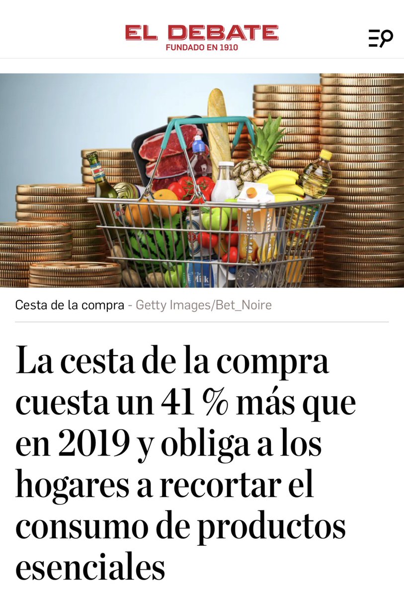 Igarrigavaz's tweet photo. La cesta de la compra cuesta un 41% más que cuando Sánchez llegó al poder.

Asfixia fiscal, burocracia, sobrerregulación y destrucción de nuestros sectores productivos.

Ese es el resultado de la acción de gobierno del PSOE para la gente: pagar más y vivir peor. https://t.co/GsRrwrINcP