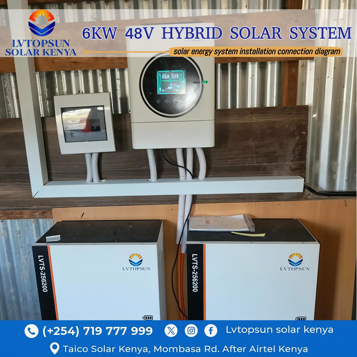LVTOPSUNKE's tweet photo. Clean wiring, maximum efficiency, and zero blackout stress! 
This 6KW 48V LVTOPSUN Hybrid Solar System paired with our high-performance lithium batteries is built to handle your heavy household or business power loads seamlessly. 
Call/WhatsApp 0719 777 999 
visit us on Mombasa Rd after Airtel Kenya to order yours.
#LVTOPSUN #CoastSolarConnect #HybridSolar #SolarInstallation #CleanEnergy #KenyaSolar #Nairobi #Mombasa