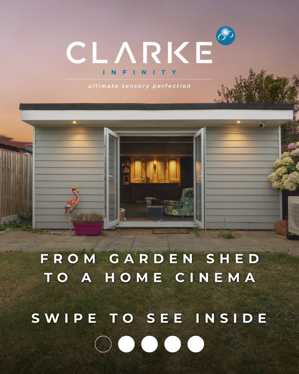 ClarkeInfinity's tweet photo. This garden shed is now a bespoke home cinema! 👀🎬 
Built on a budget, proving small spaces can shine. 
Swipe to explore ➡️ 
Would you convert yours? 👀🍿
 #ClarkeInfinity #GardenRoom #HomeCinema #Explore #InteriorDesign https://t.co/x158POsgLv