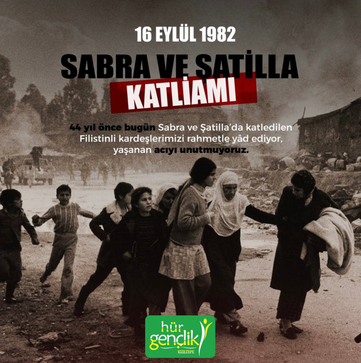 Ktepe_HurGenclk's tweet photo. Hür Gençlik Kızıltepe olarak; Aralarından onlarca yıl geçmiş olmasına rağmen,
Zulüm ve ihanet dolu tarihleriye Barbar siyonistlerin gerçekleştirdiği Sabra ve Şatilla Katliamında katledilen Filistinli Kardeşlerimizi rahmetle yad ediyor, yaşanan acıyı unutmuyoruz. 
#SabraVeŞatilla https://t.co/tJa1VJiwHe