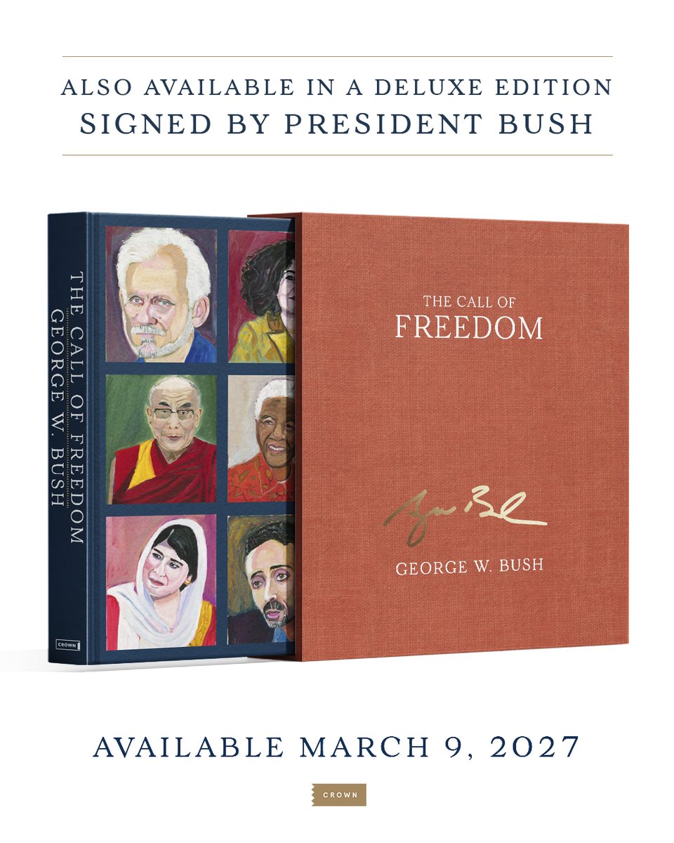 TheBushCenter's tweet photo. "I’m pleased to announce THE CALL OF FREEDOM, my new book and exhibit at the Bush Center highlighting the courage and resilience of political prisoners and dissidents in the face of tyrants. My hope is that these 44 paintings and the stories that accompany them will inspire that same fearlessness and determination in others. Available for pre-order now and debuting March 9, 2027, this project sends a message that the United States cares deeply about people seeking freedom - and that we who live in liberty have a duty to stand with those who do not.”
— President George W. Bush. 

Visit our website to order and learn more: https://t.co/cFpPp1RW0w