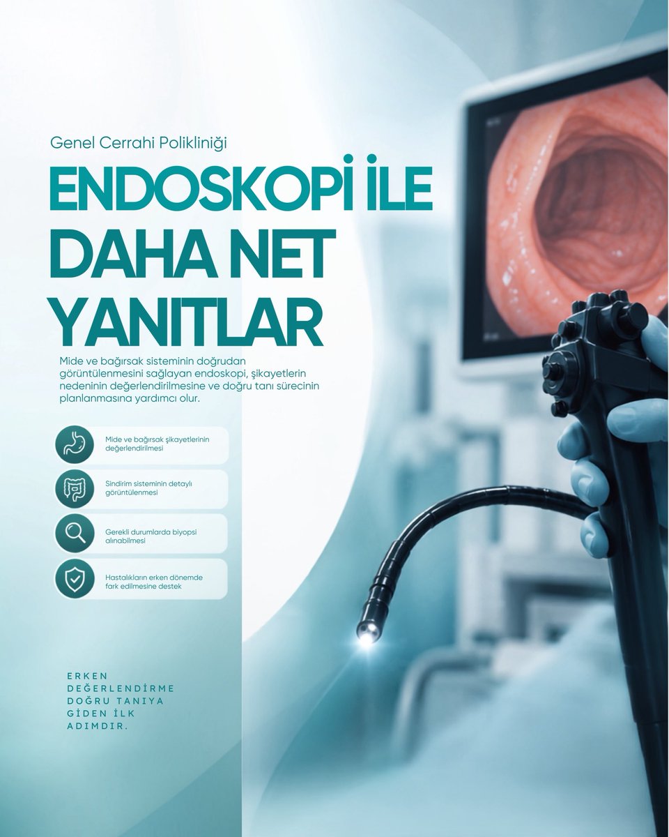RamiHastane's tweet photo. Endoskopi, mide ve bağırsak sisteminin doğrudan görüntülenmesine olanak sağlayarak çeşitli sindirim sistemi şikayetlerinin değerlendirilmesinde önemli bir rol oynar.

Mide ve bağırsak şikayetlerinin nedeninin araştırılması, sindirim sisteminin detaylı incelenmesi ve gerekli durumlarda biyopsi alınabilmesi sayesinde tanı sürecinin daha doğru planlanmasına yardımcı olur.

Erken dönemde yapılan değerlendirme, olası hastalıkların zamanında fark edilmesi açısından önemlidir.

Genel Cerrahi Polikliniğimizde endoskopi işlemleri, hekim değerlendirmesi doğrultusunda planlanmaktadır.

Bilgi ve randevu için bizimle iletişime geçebilirsiniz.

*Bu içerikte yapayzeka destekli görsel materyallerinden faydalanılmıştır.

#endoskopi #genelcerrahipolikliniği