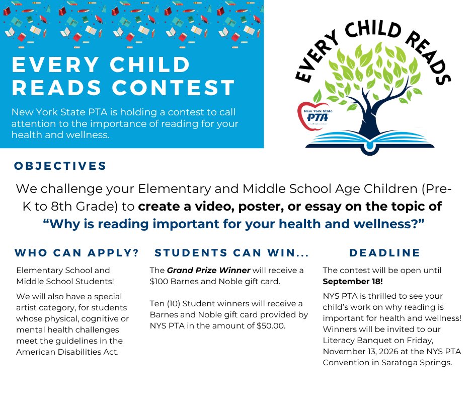 NYSPTA's tweet photo. We challenge your Elementary and Middle School Aged Children to create a video, poster, or essay on the topic of “Why is reading important for your health &amp; wellness?” The contest will be open until September 18. For more info and application: https://t.co/JmT9vzWcvt https://t.co/XtNDqahWum