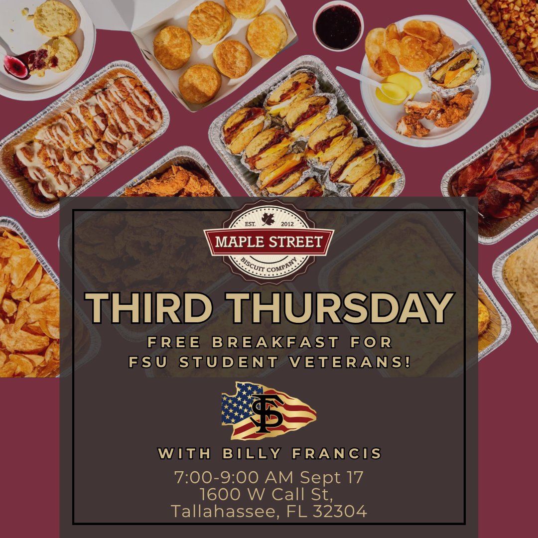 fsu_vets's tweet photo. Rise and shine! Breakfast with Billy is back TOMORROW MORNING for #ThirdThursday! Grab a free breakfast at Maple Street and kick off your day with the FSU veteran community.π₯β
Don't miss out, see you bright and early! π«΅
#FSUSalutes #FSUVets #StudentVets https://t.co/x4ukoNW85N