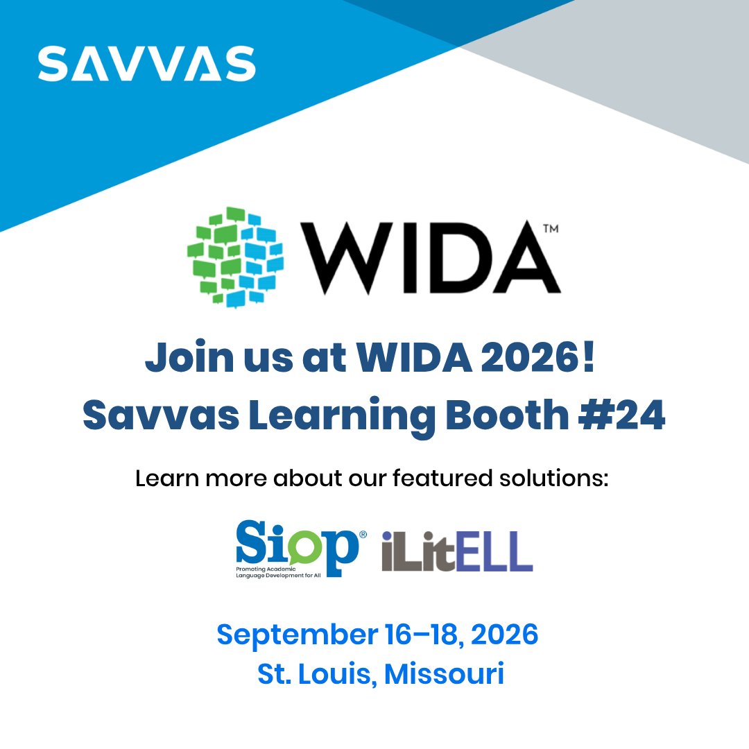SavvasLearning's tweet photo. 👋 #WIDA2026 attendees! Stop by @SavvasLearning booth #24 today to connect with our team and explore solutions that help educators support multilingual learners in building English-language skills across academic disciplines. See you there! https://t.co/XJJt9glFRU
#MLL @WIDA_UW https://t.co/WNEQv1FlAd