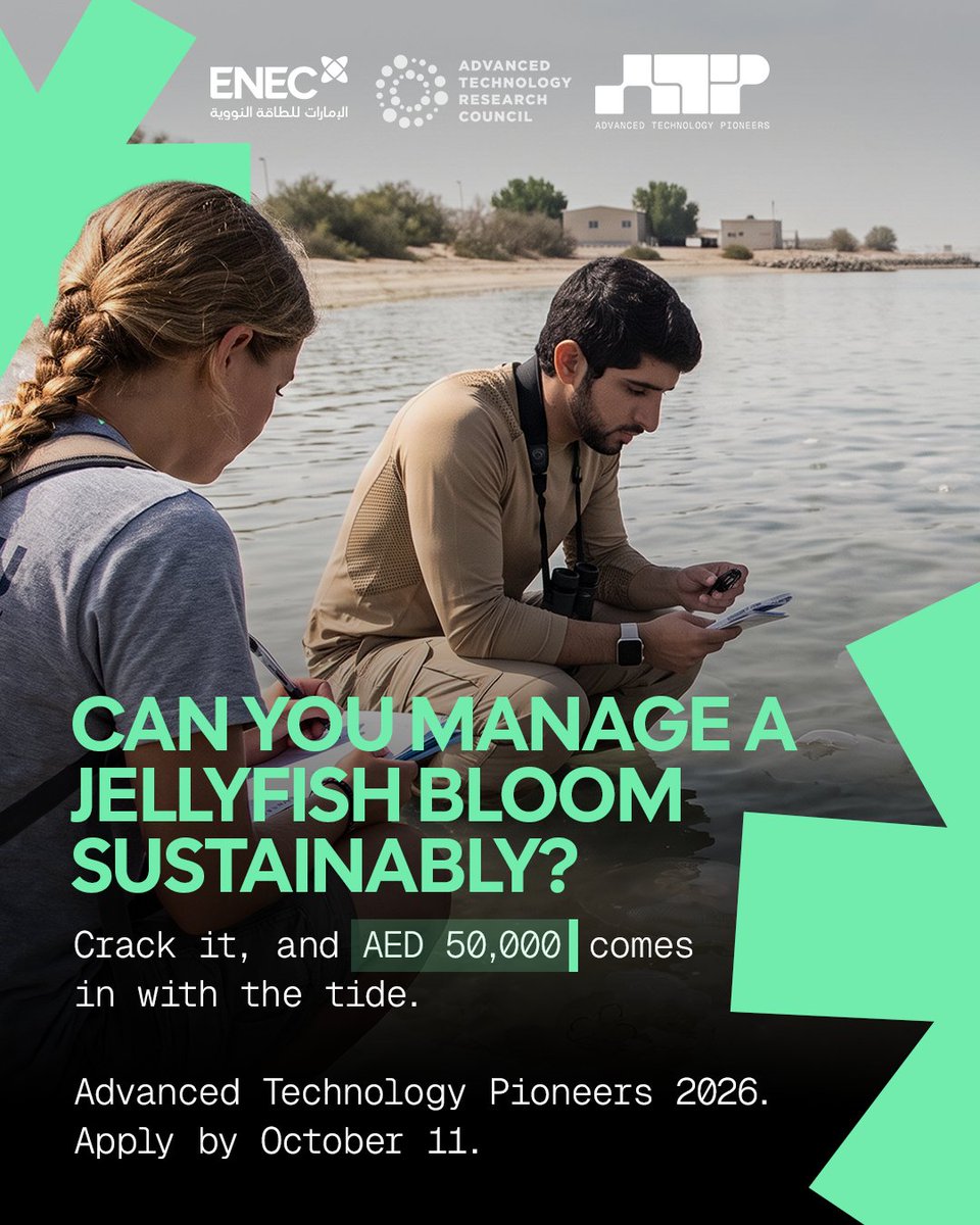 atrcuae's tweet photo. Can you solve ENEC’s jellyfish bloom challenge? 

The winning ATP 2026 team takes AED 50,000, plus up to five internship or placement opportunities at ENEC.

Apply by 11 October: https://t.co/jinu7W6cjR https://t.co/3dhKkIsA6E