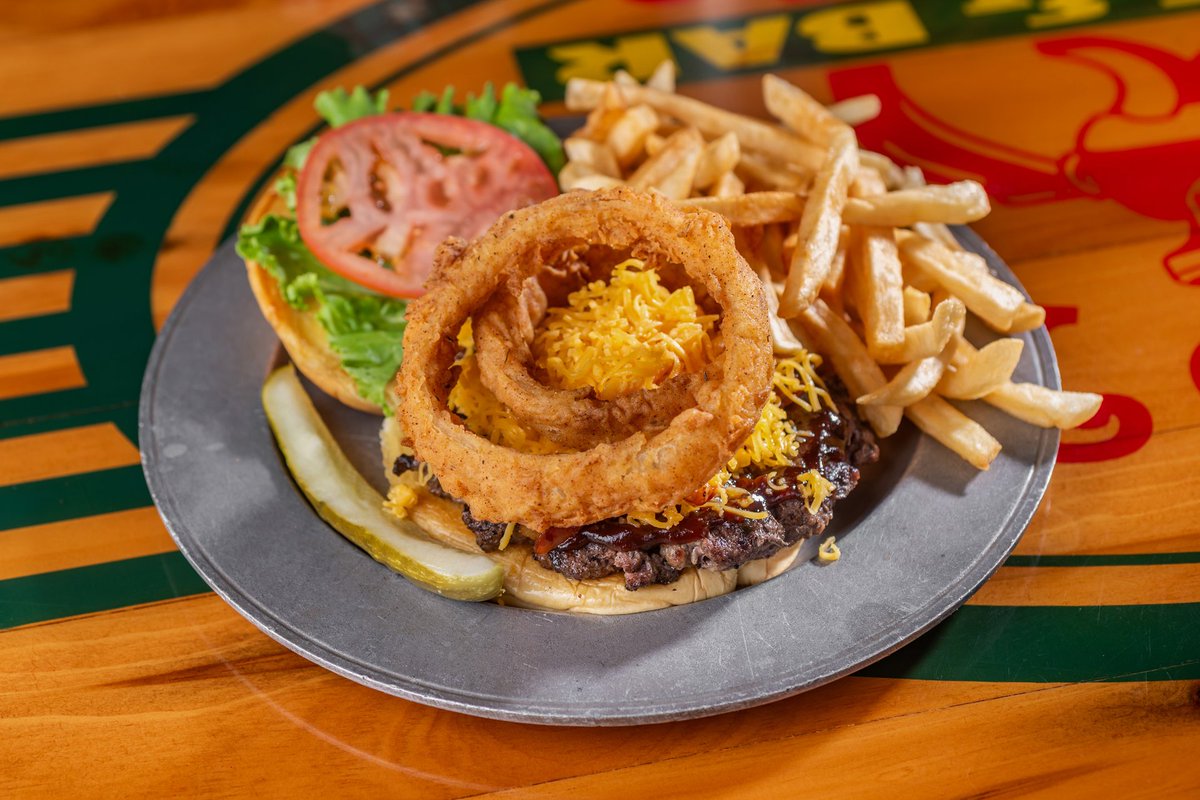 GroundPatiHouma's tweet photo. Smoking Ring Burger brings the bold flavor: our Ground Pat'i burger stacked with BBQ sauce, Applewood smoked bacon, Cheddar cheese, and two house-made onion rings 🍔🔥 Built for serious burger cravings at Ground Pat'i. #GroundPati #BurgerLovers #BBQBurger https://t.co/VJ53Qxdog3