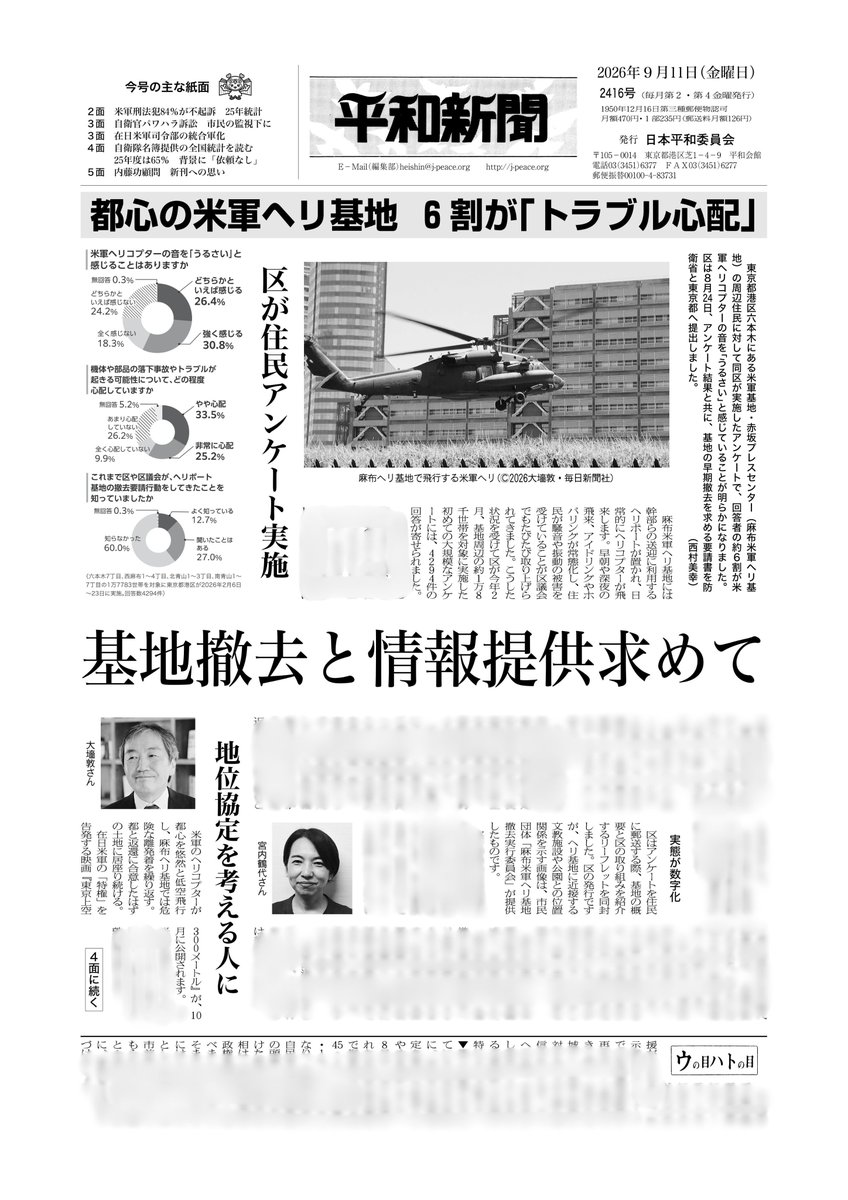 平和新聞の1面画像。
見出しは「都心の米軍ヘリ基地 6割が『トラブル心配』」「基地撤去と情報提供求めて」などと書かれています。