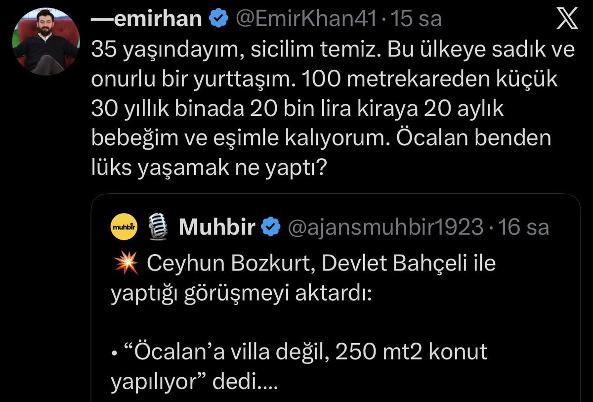 ajansmuhbir1923's tweet photo. Bir vatandaşın tepkisi:

“35 yaşındayım, sicilim temiz. Bu ülkeye sadık ve onurlu bir yurttaşım. 

100 metrekareden küçük 30 yıllık binada 20 bin lira kiraya 20 aylık bebeğim ve eşimle kalıyorum. 

Öcalan benden lüks yaşayacak ne yaptı?” https://t.co/hnhd82swF4