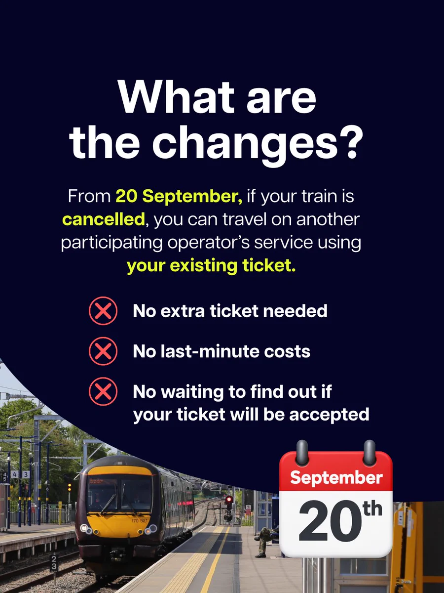 From September 20, passengers with cancelled train tickets can use other operators without extra fees or waiting for ticket acceptance.