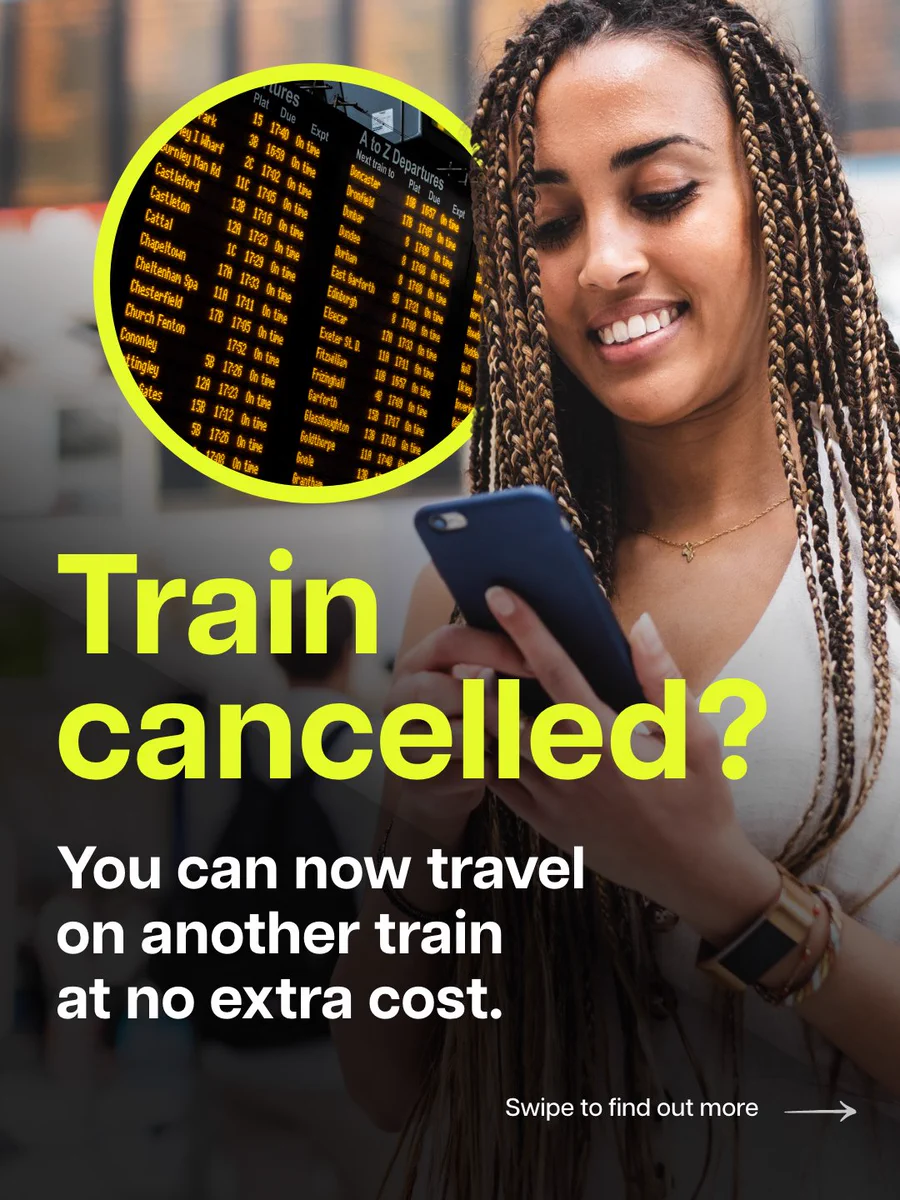 Smiling woman checks her phone with a train departure board inset, highlighting a message about free travel on another train if cancelled.