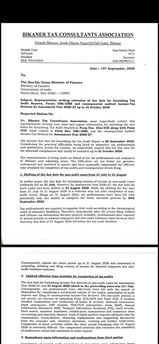 rambajajgst's tweet photo. Retweet For Support and Reach 

Bikaner Tax Consultants Association Sent Representation to @IncomeTaxIndia For Tax Audit Due Date Extension upto 31st Oct, 2026

Ram Bajaj
8696424223

For Regular GST Updates, Join this Group
https://t.co/SmMxCrTcJG https://t.co/Oh9rxXt2hE
