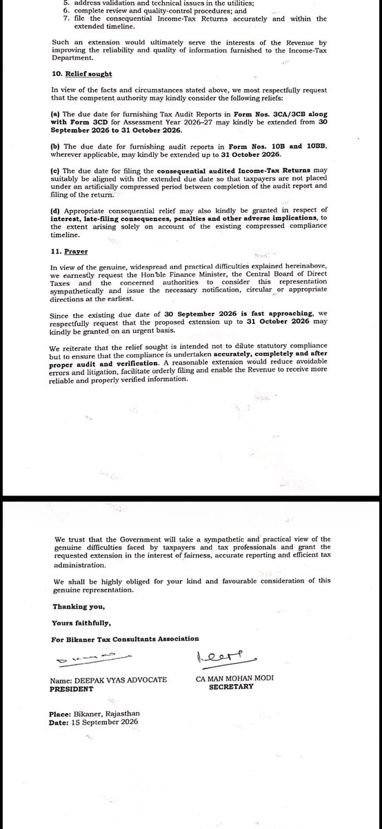 rambajajgst's tweet photo. Retweet For Support and Reach 

Bikaner Tax Consultants Association Sent Representation to @IncomeTaxIndia For Tax Audit Due Date Extension upto 31st Oct, 2026

Ram Bajaj
8696424223

For Regular GST Updates, Join this Group
https://t.co/SmMxCrTcJG https://t.co/Oh9rxXt2hE