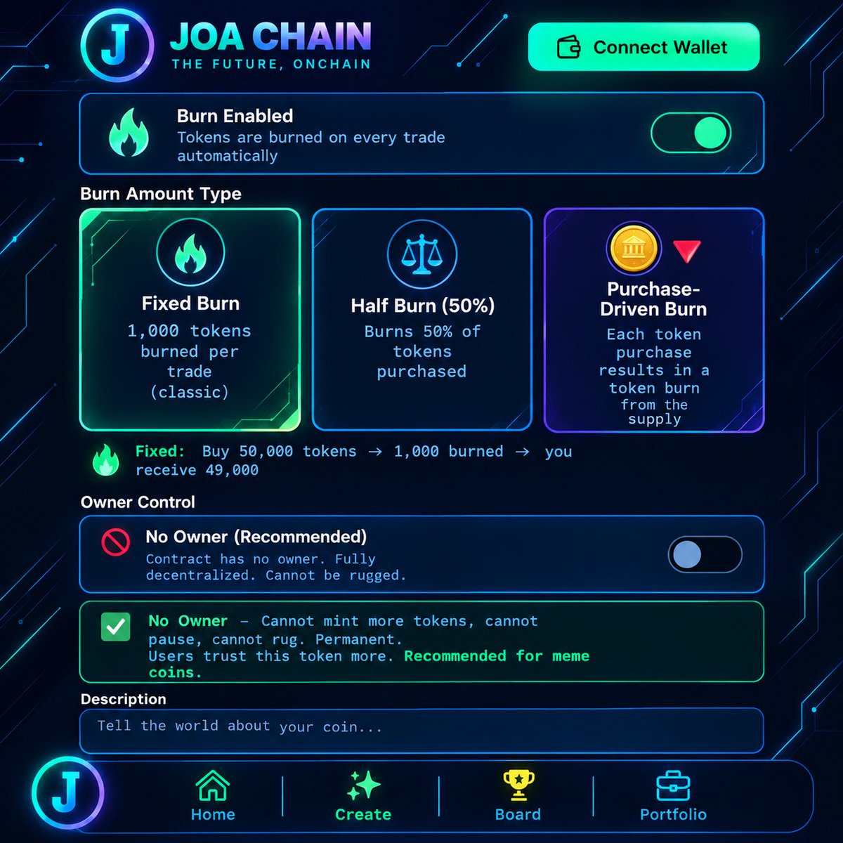 JOAblockchainx's tweet photo. ⚡ More Control. More Transparency. More Onchain.

With multiple burn mechanisms and a No Owner option, JOA Chain is building tools designed around community-focused token launches. 🌐

🔥 Fixed Burn
⚖️ 50% Half Burn
🪙 Purchase-Driven Burn
🔐 No Owner control

Create. Launch. Grow. 🚀🌐