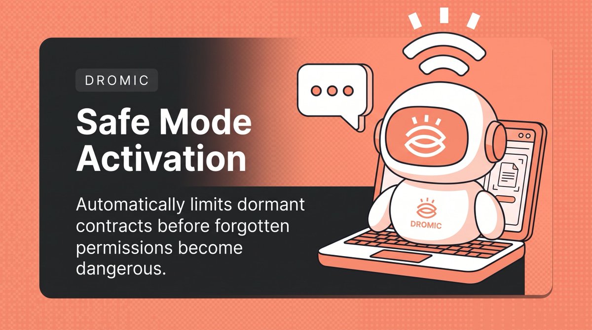 DromicMode's tweet photo. Old smart contracts can become forgotten access points.

Dromic introduces Safe Mode Activation, automatically limiting dormant contracts once predefined conditions are reached.

Security should not depend on remembering what was deployed years ago. https://t.co/eyndDc9CXb