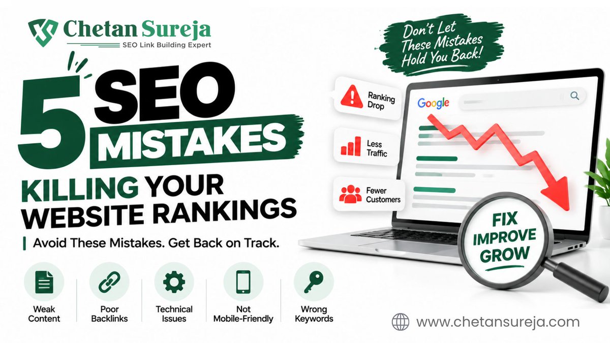 chetansureja's tweet photo. 🚀 #5 SEO Mistakes Hurting Your Website Rankings

Poor keywords, weak content, technical issues, &amp; a bad user experience can limit your online growth.

Fix SEO problems, improve visibility, attract the right audience, &amp; turn your website into a stronger growth channel.

#SEOTips https://t.co/eENKN6ZMh2